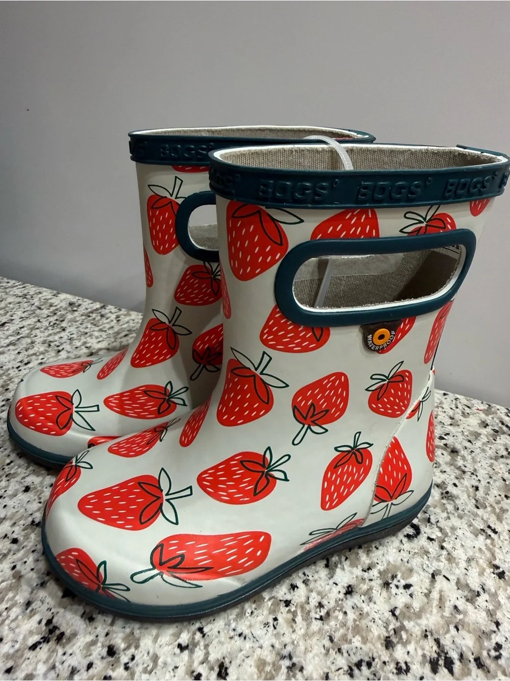 Bogs Kids Strawberry Rain Boots - Red & Cream with Navy Trim